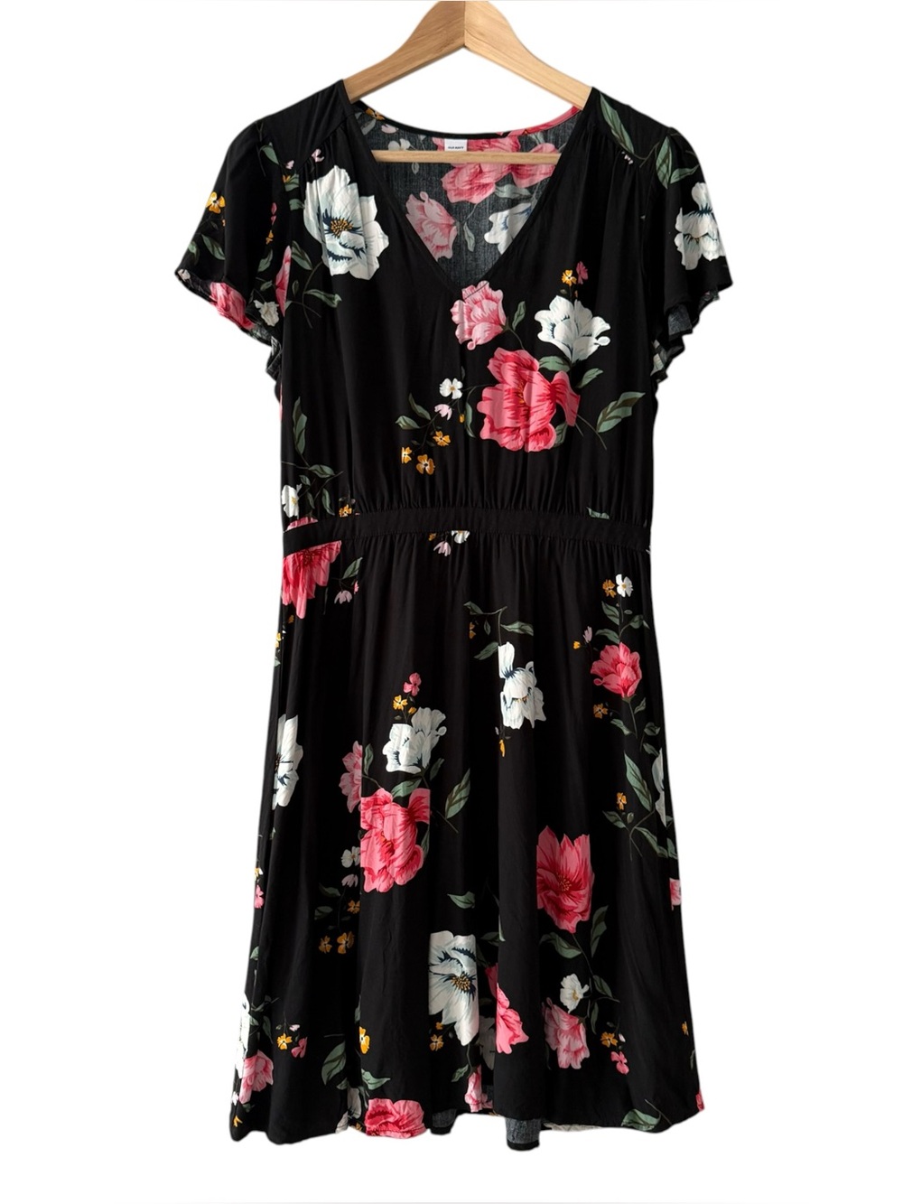 Old Navy Black Floral V-Neck Flutter Sleeve Dress